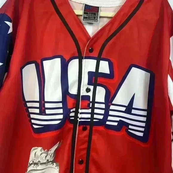 Trump #45 USA Jersey Button Down Short Sleeve Red White Blue President Size 3XL - Picture 2 of 14